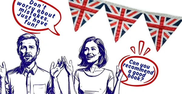 gezeichnete Frau und Mann, britische Flagge als Wimpelkette