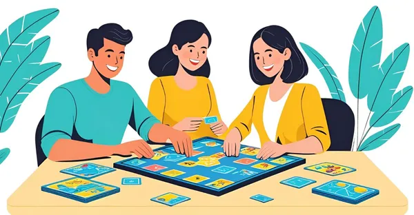 Zeichnung: 3 Personen sitzen um ein Spielbrett und legen Teile