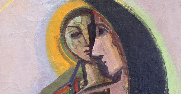 Ausschnitt aus dem Werk „Schwarzmond“ von Karl Hofer aus dem Jahr 1948. Zwei stilisierte Gesichter, eines mit gelbem Heiligenschein, umgeben von einer angeschnittenen schwarzen Mondsichel. 