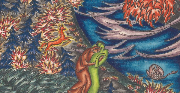 Ausschnitt aus einem kolorierten Holzschnitt von Hedwig Kruse mit dem Titel „Flusslandschaft“, 1920. Zwei Figuren in brauner und grüner Kleidung, umarmt an einer Flusslandschaft mit roten und gelben Pflanzen und einem springenden Tier. 