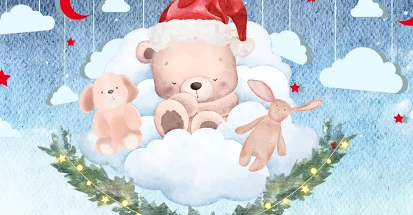 Bär, Hund und Hase schlafen auf einer Wolke