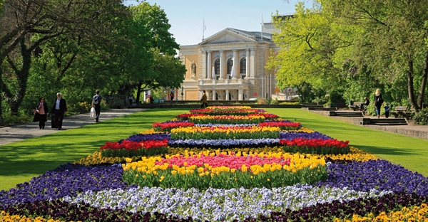 Der Joliot Curie Platz wird von einem bunt bepflanzten Blumenbeet geziert, im Hintergrund ist die Oper Halle zu sehen.