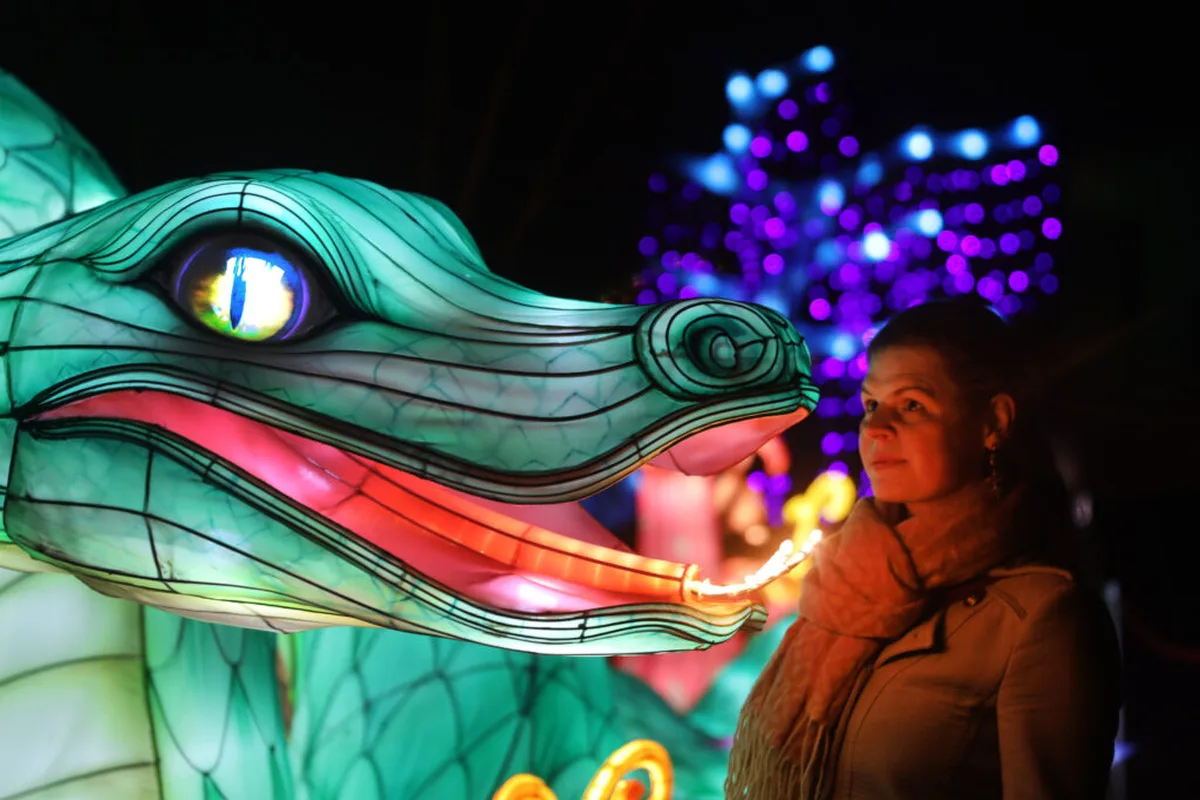 Eine Frau steht vor einem beleuchteten Drachen