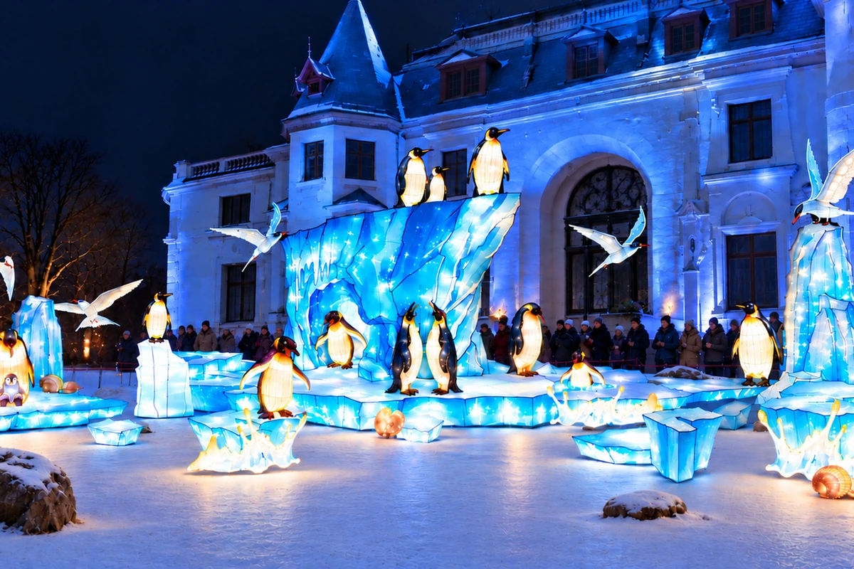 Eine beleuchtete Installation mit Pinguinen und Eis