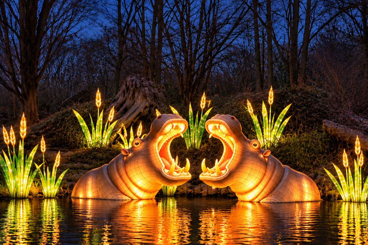 Lichtinstallation aus zwei Nilpferden im Wasser